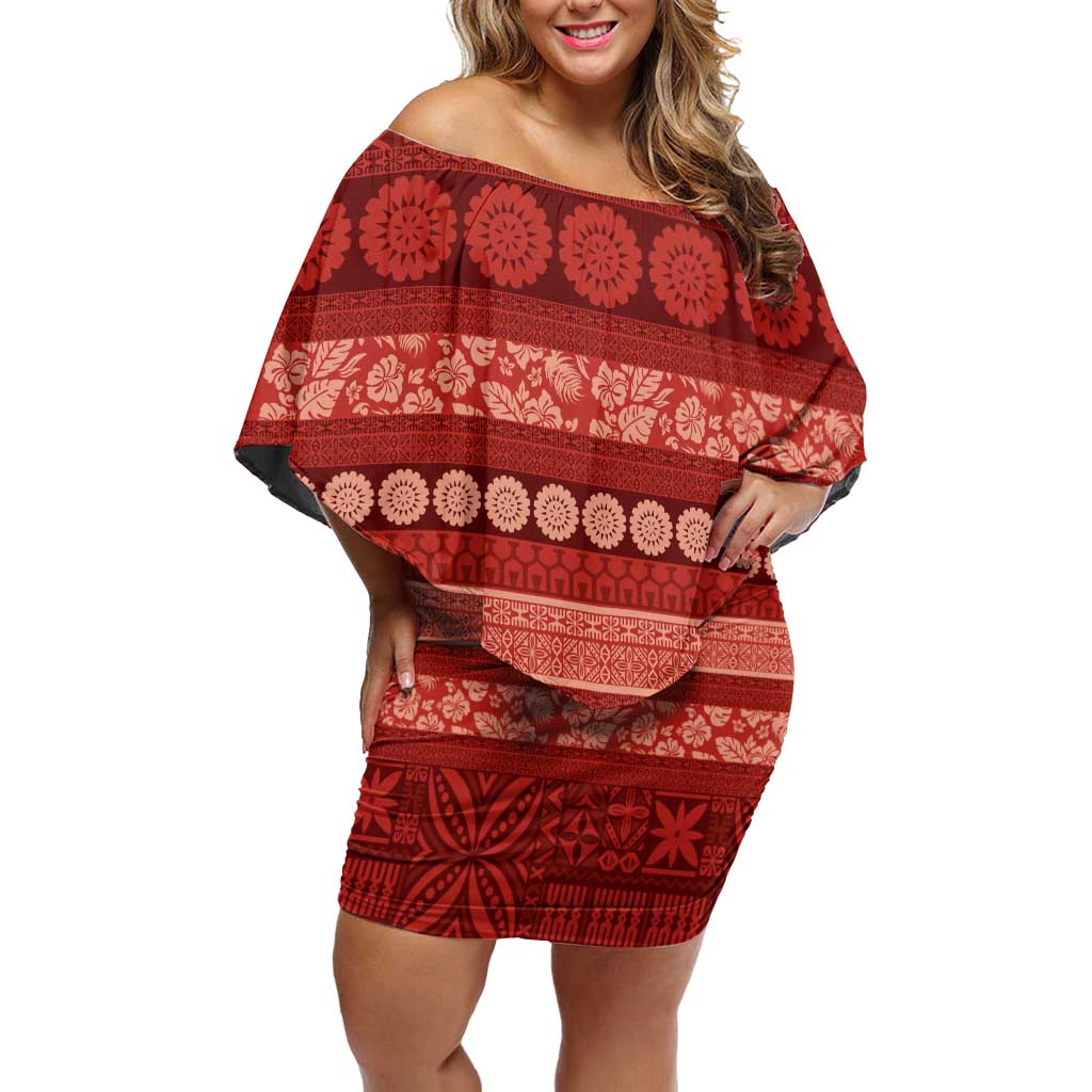 Fiji Marau na Kerisimasi Off Shoulder Short Dress Red Tapa Masi Inspired Christmas LT9 Women Red - Polynesian Pride