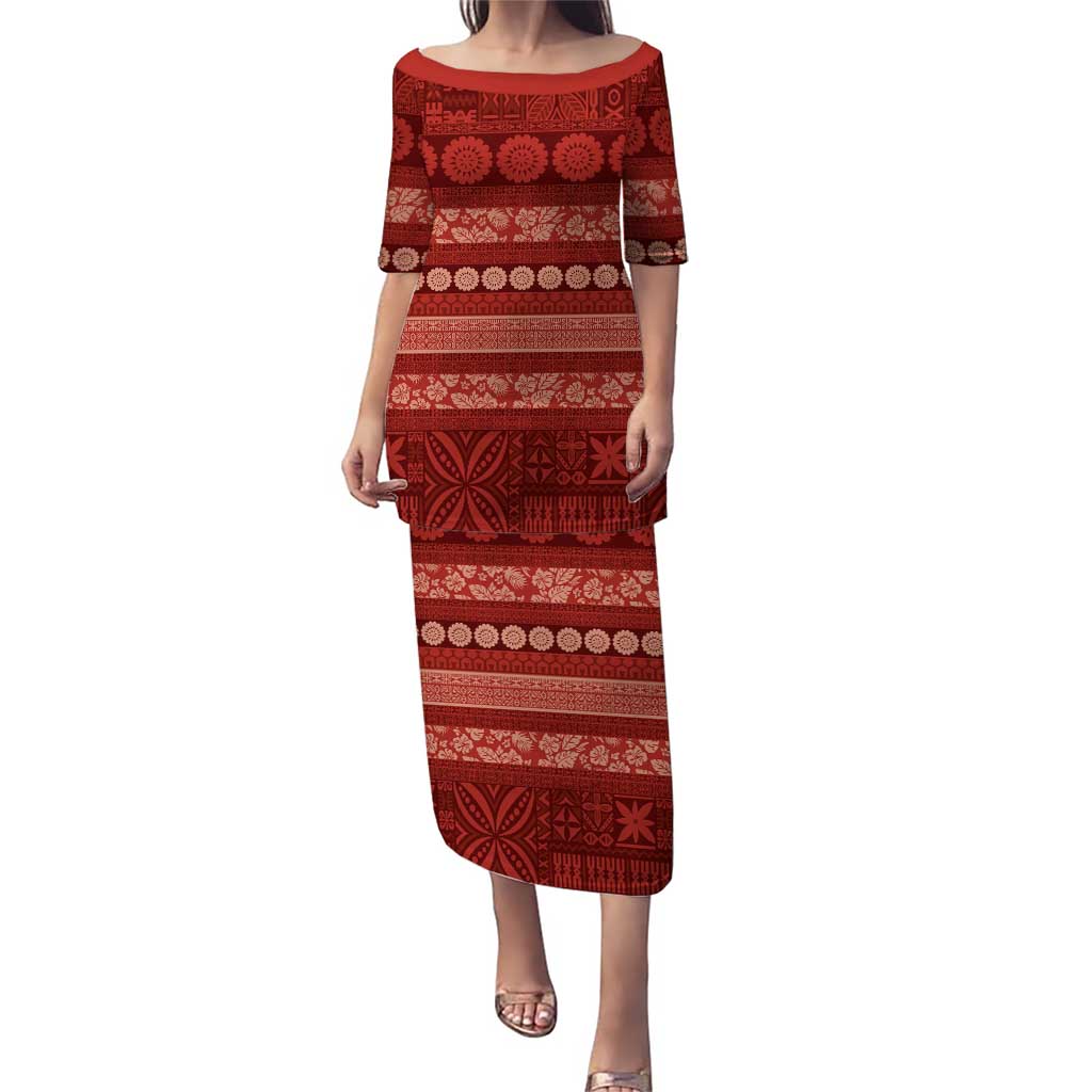 Fiji Marau na Kerisimasi Puletasi Red Tapa Masi Inspired Christmas LT9 Long Dress Red - Polynesian Pride