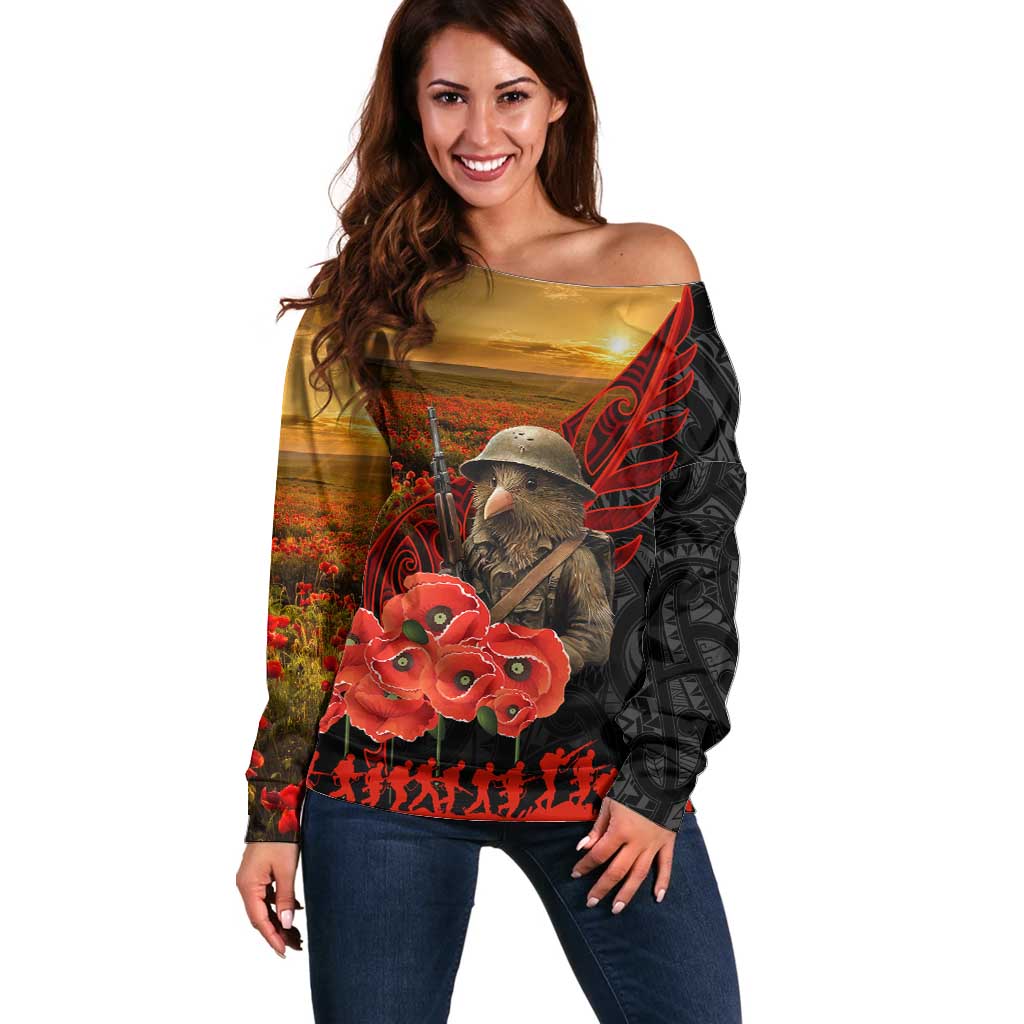 Maori Kiwi Soldier Fern Tattoo ANZAC Day Off Shoulder Sweater Lest We Forget LT9 Women Black - Polynesian Pride