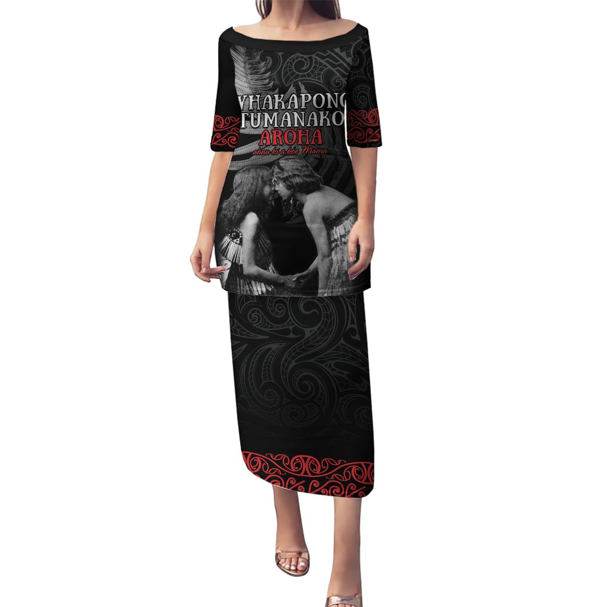 New Zealand Mother's Day Puletasi Maori Hongi Aroha Ahau Ki A Koe Mama LT9 Long Dress Black - Polynesian Pride
