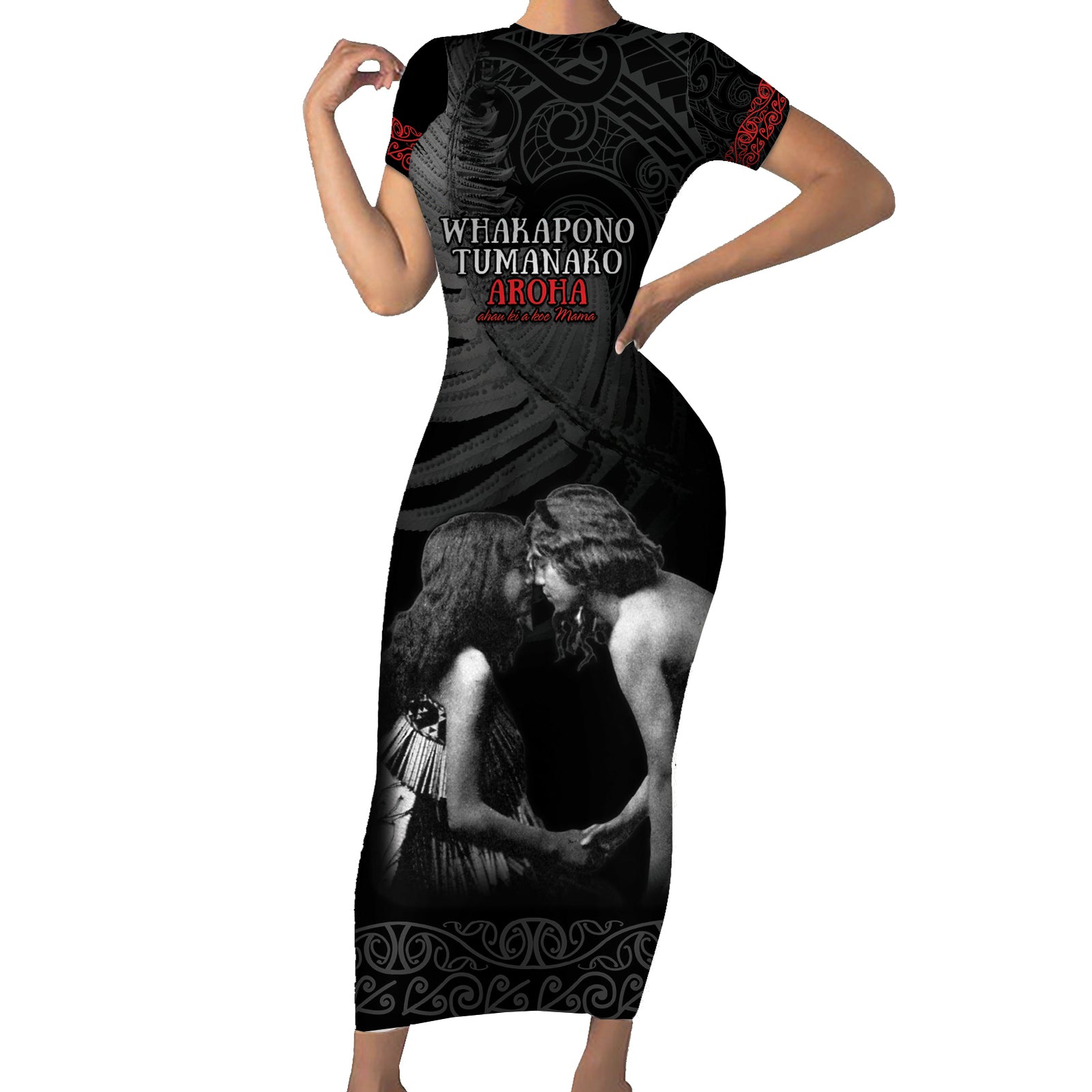 New Zealand Mother's Day Short Sleeve Bodycon Dress Maori Hongi Aroha Ahau Ki A Koe Mama LT9 Long Dress Black - Polynesian Pride