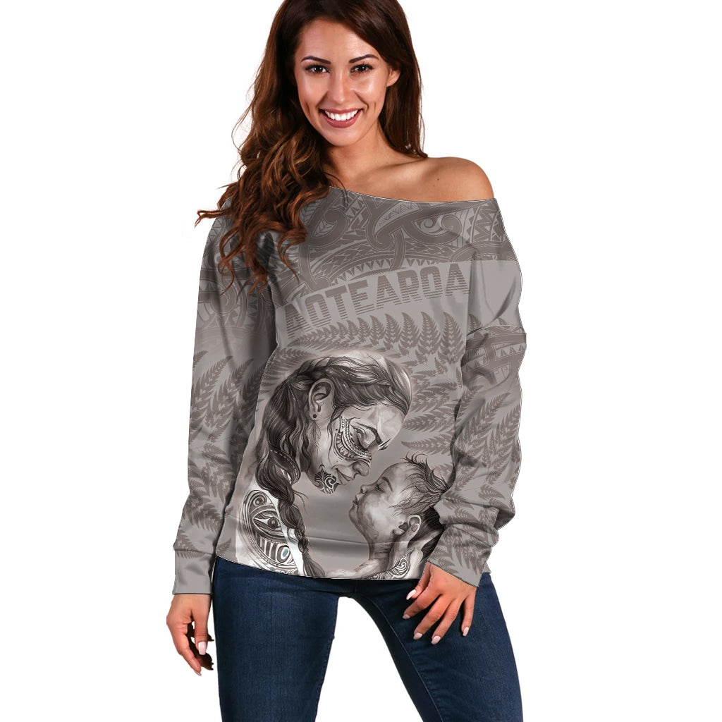 New Zealand Mother's Day Off Shoulder Sweater Maori Mo Toku Mama Silver Fern LT9 Women Nude - Polynesian Pride