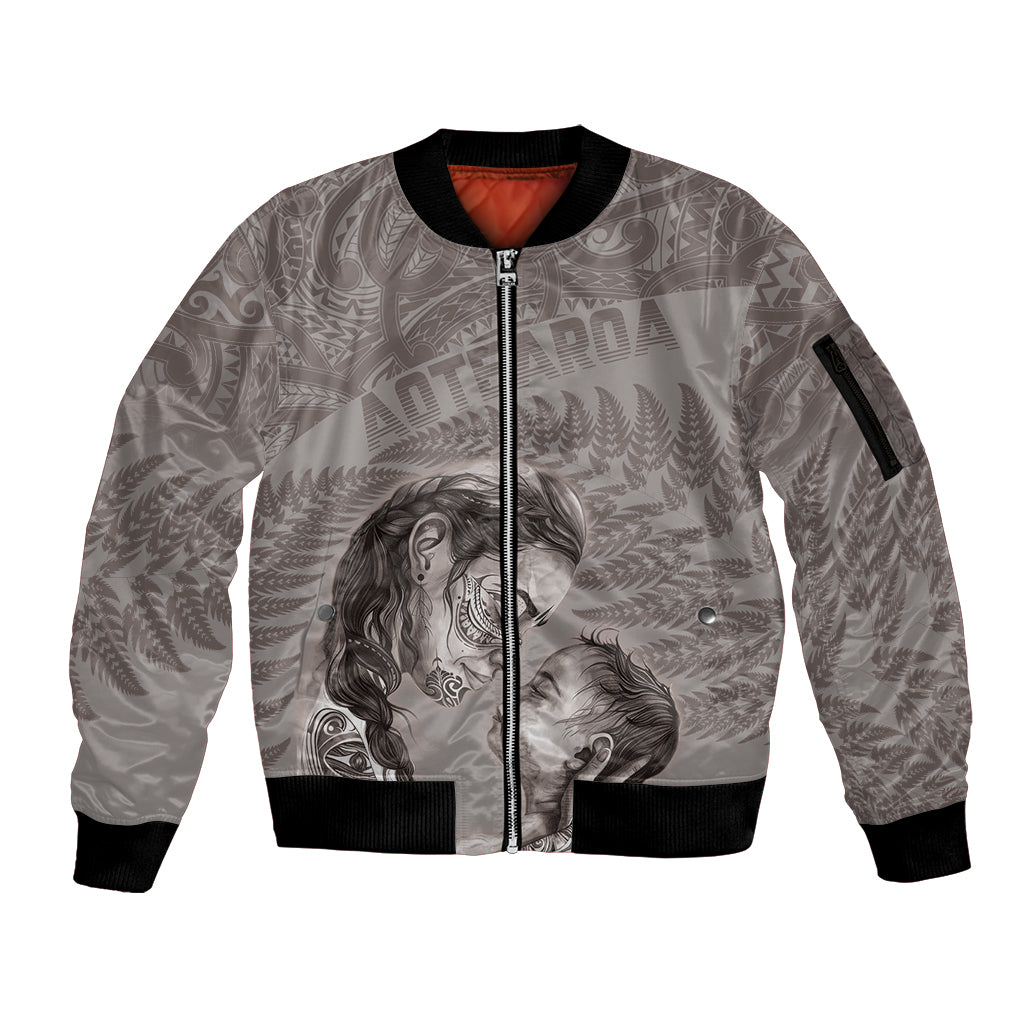 New Zealand Mother's Day Sleeve Zip Bomber Jacket Maori Mo Toku Mama Silver Fern LT9 Unisex Nude - Polynesian Pride