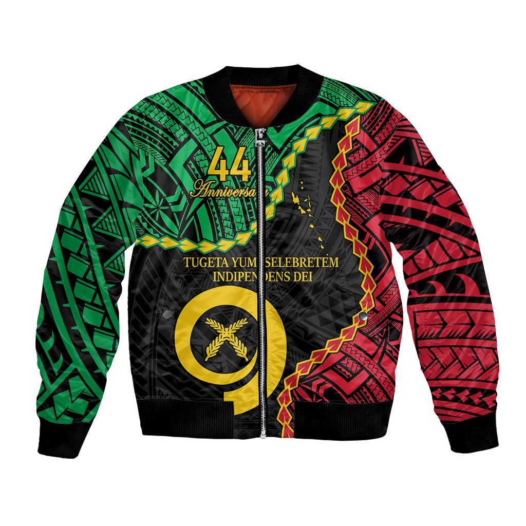 Personalised Vanuatu 44th Anniversary Bomber Jacket Tugeta Yumi Selebretem Indipendens Dei LT9 Unisex Black - Polynesian Pride