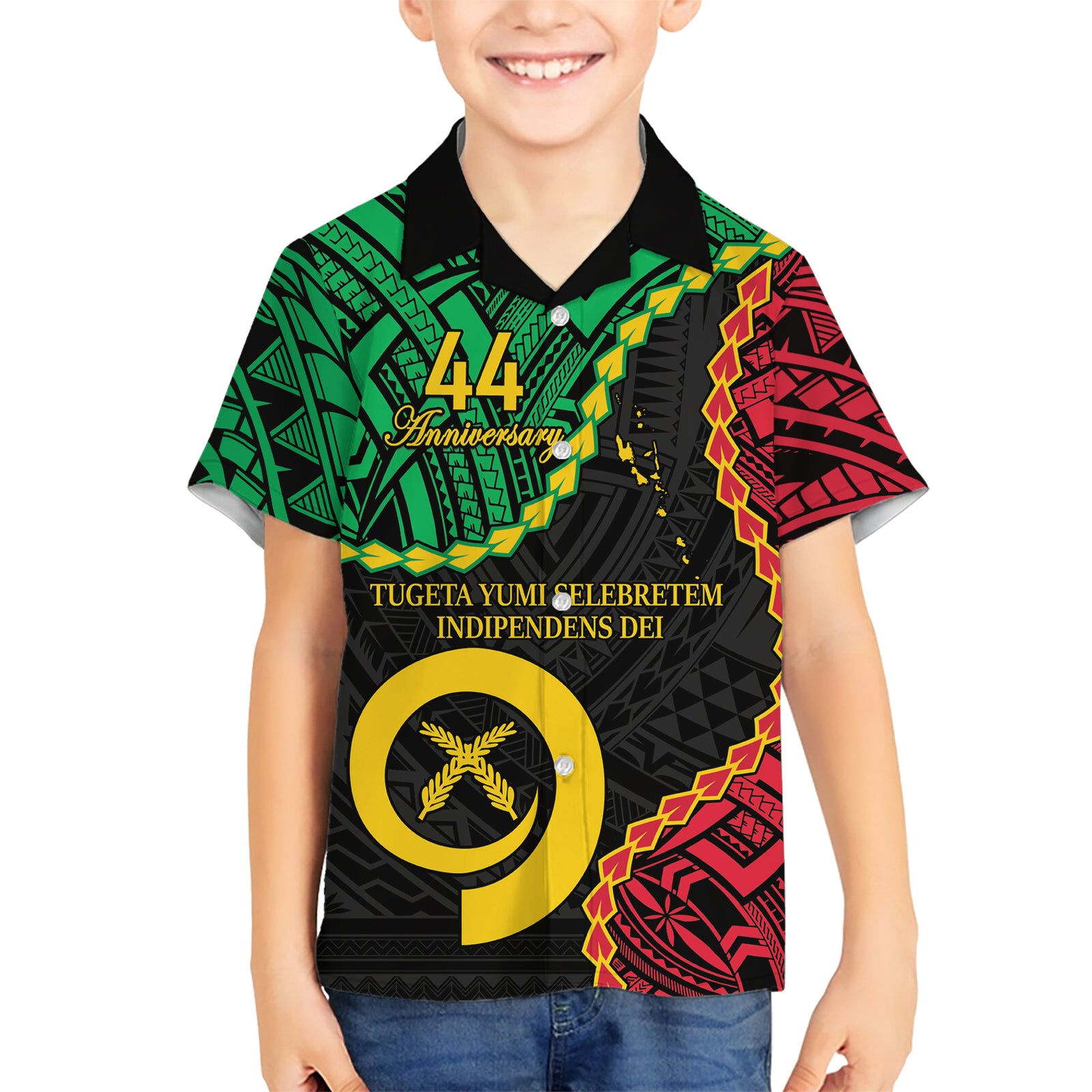 Personalised Vanuatu 44th Anniversary Kid Hawaiian Shirt Tugeta Yumi Selebretem Indipendens Dei LT9 Kid Black - Polynesian Pride