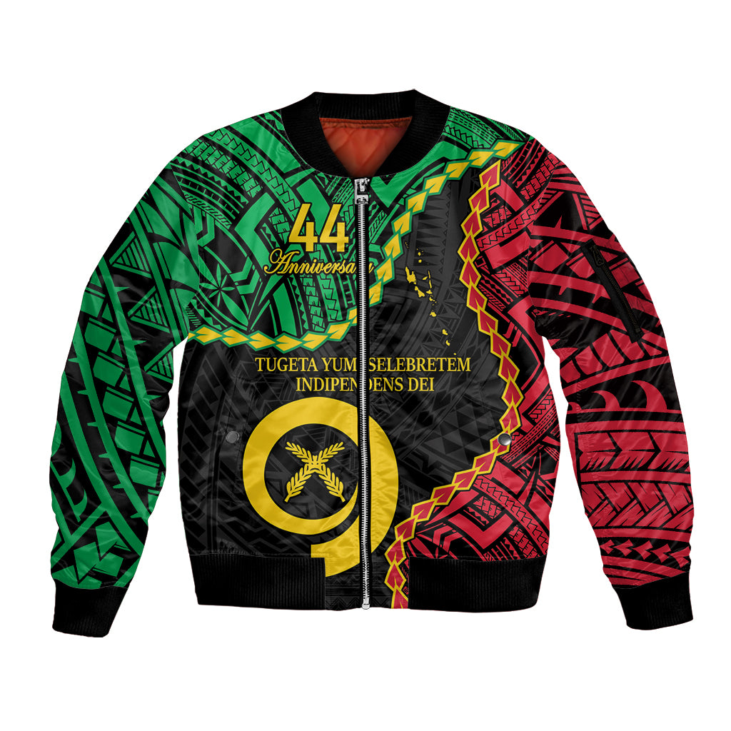 Personalised Vanuatu 44th Anniversary Sleeve Zip Bomber Jacket Tugeta Yumi Selebretem Indipendens Dei LT9 Unisex Black - Polynesian Pride