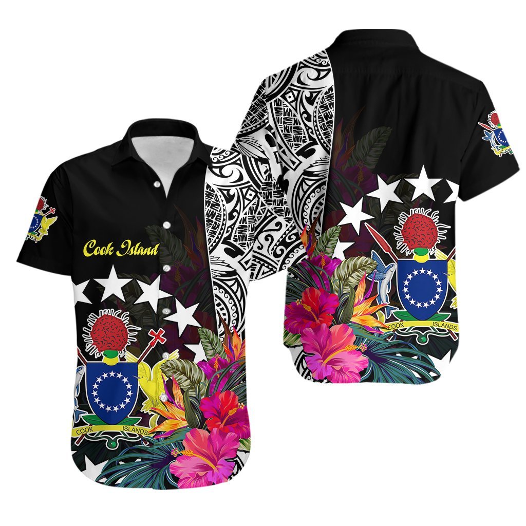 Cook Island Hawaiian Shirt Tribal Polynesian and Tropical Flowers LT9 Black - Polynesian Pride
