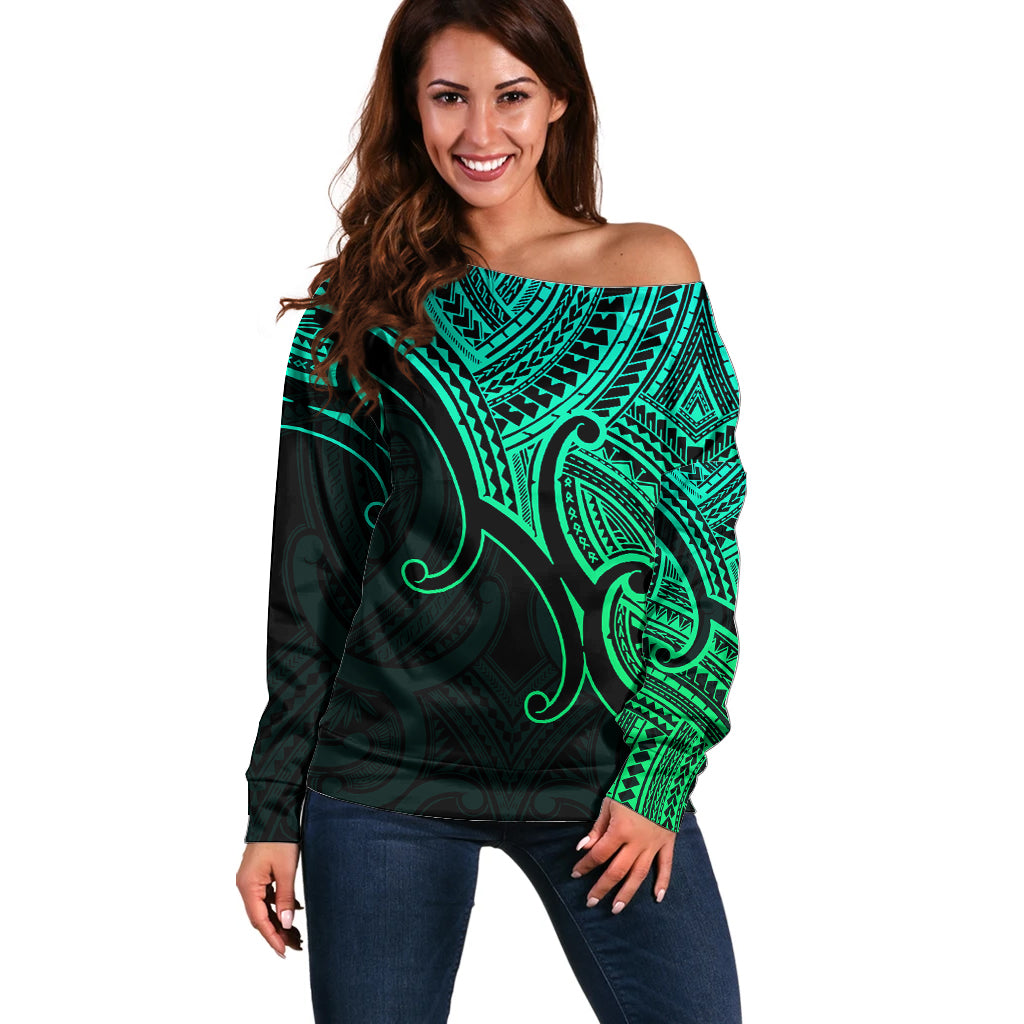 Aotearoa Maori Koru Off Shoulder Sweater Polynesian Pacific Tribal - Green LT9 Women Green - Polynesian Pride