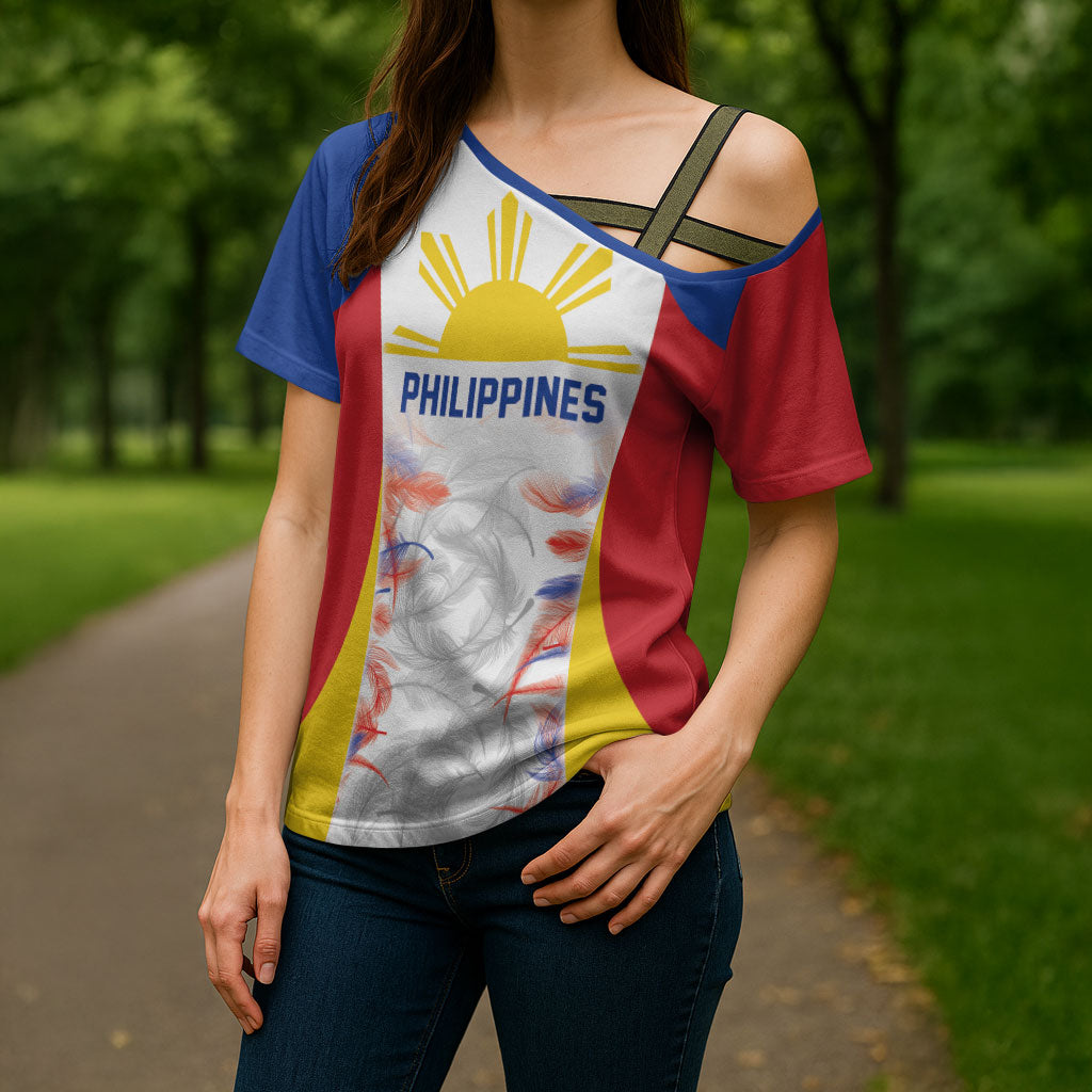 Philippines Flag Day Cross Shoulder Shirt Filipino Feather Pattern LT9 - Polynesian Pride