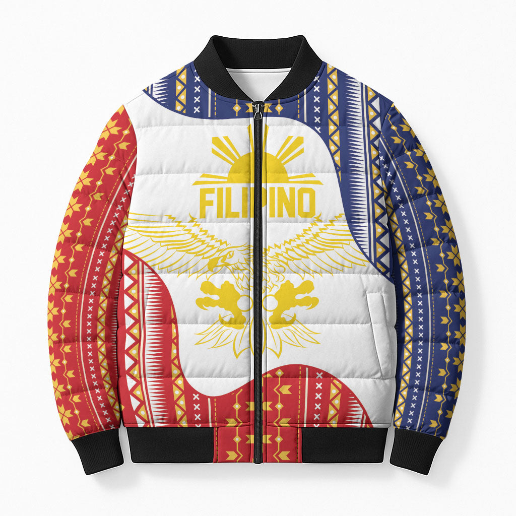 Philippines Flag Day Bomber Puffer Jacket Filipino Traditional Igorot Tribal Pattern LT9 Unisex White - Polynesian Pride