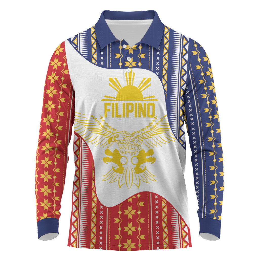 Philippines Flag Day Long Sleeve Polo Shirt Filipino Traditional Igorot Tribal Pattern LT9 White - Polynesian Pride