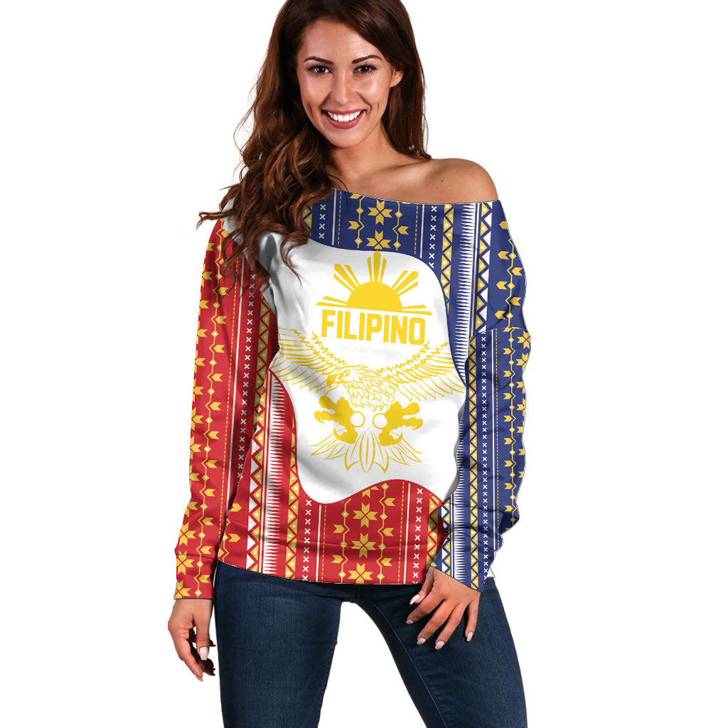 Philippines Flag Day Off Shoulder Sweater Filipino Traditional Igorot Tribal Pattern LT9 Women White - Polynesian Pride