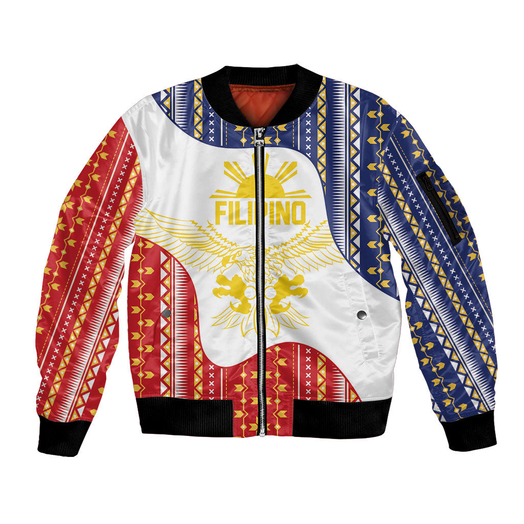 Philippines Flag Day Sleeve Zip Bomber Jacket Filipino Traditional Igorot Tribal Pattern LT9 Unisex White - Polynesian Pride