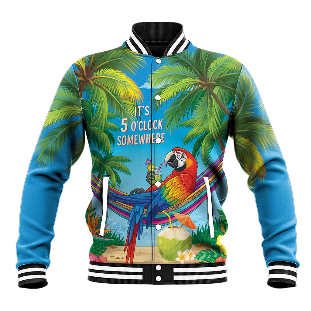 5 Oclock Somewhere Baseball Jacket Hawaii Parrots Cocktail Summer Beach Vibe LT9 Unisex Blue - Polynesian Pride