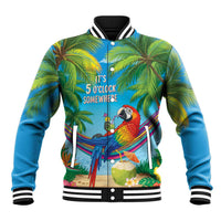5 Oclock Somewhere Baseball Jacket Hawaii Parrots Cocktail Summer Beach Vibe LT9 Unisex Blue - Polynesian Pride