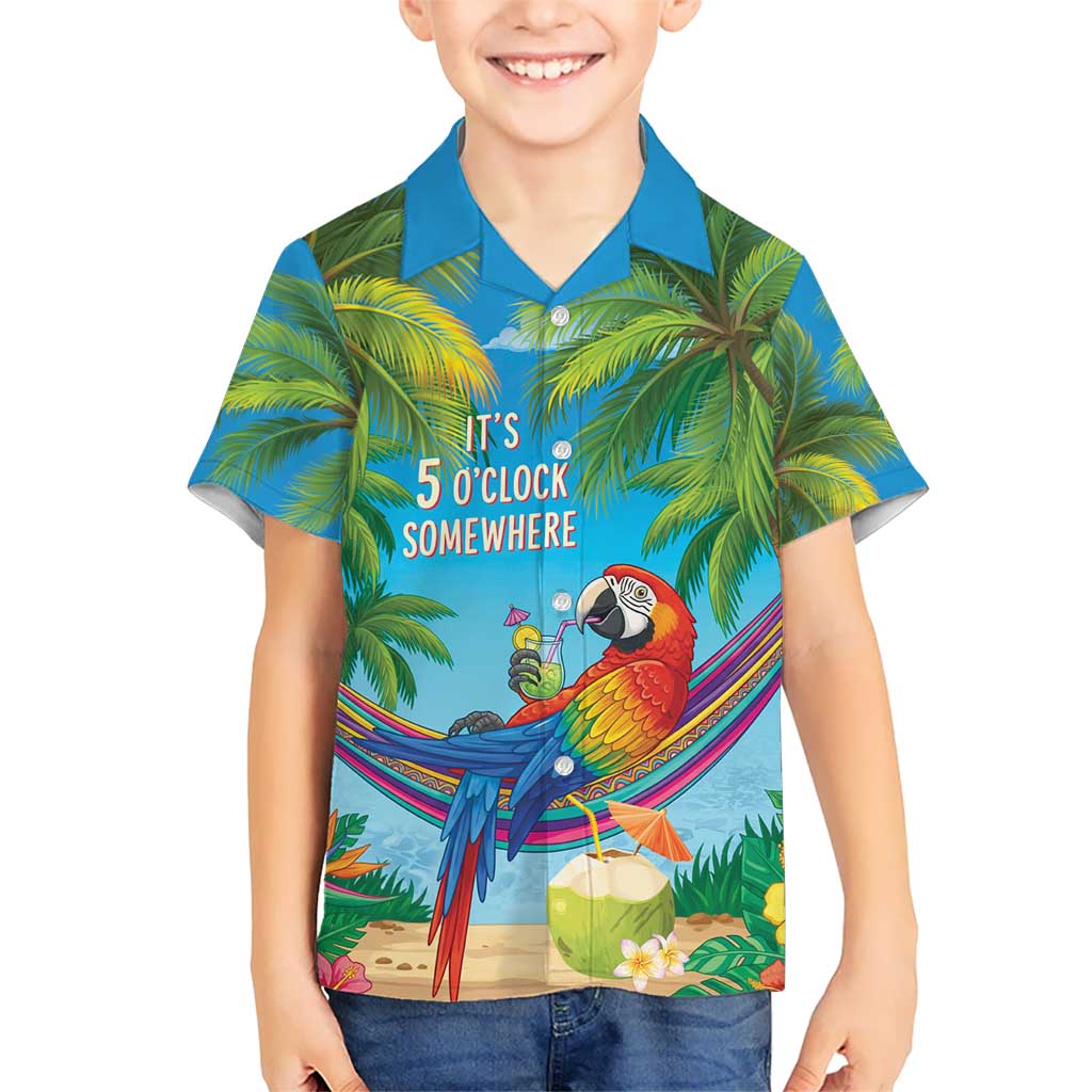 5 Oclock Somewhere Kid Hawaiian Shirt Hawaii Parrots Cocktail Summer Beach Vibe LT9 Kid Blue - Polynesian Pride