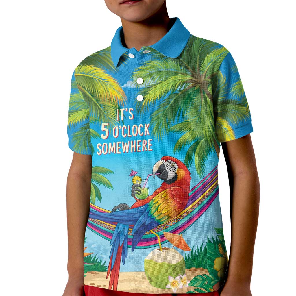 5 Oclock Somewhere Kid Polo Shirt Hawaii Parrots Cocktail Summer Beach Vibe LT9 Kid Blue - Polynesian Pride
