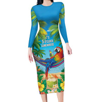 5 Oclock Somewhere Long Sleeve Bodycon Dress Hawaii Parrots Cocktail Summer Beach Vibe LT9 Long Dress Blue - Polynesian Pride