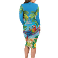5 Oclock Somewhere Long Sleeve Bodycon Dress Hawaii Parrots Cocktail Summer Beach Vibe LT9 - Polynesian Pride