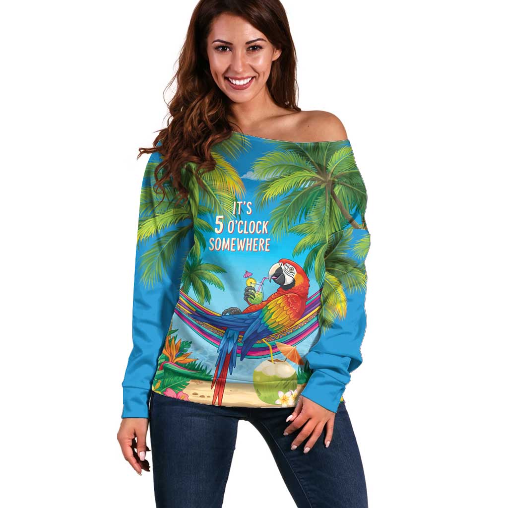 5 Oclock Somewhere Off Shoulder Sweater Hawaii Parrots Cocktail Summer Beach Vibe LT9 Women Blue - Polynesian Pride