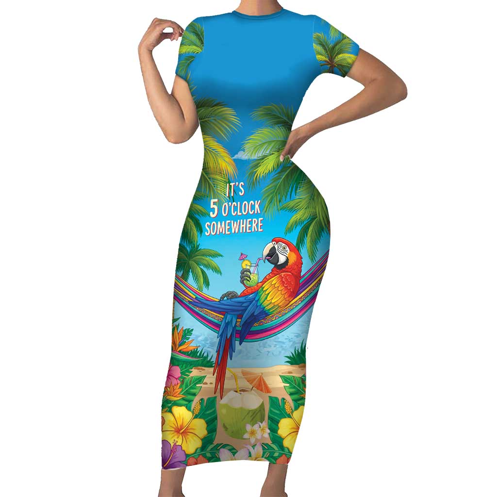 5 Oclock Somewhere Short Sleeve Bodycon Dress Hawaii Parrots Cocktail Summer Beach Vibe LT9 Long Dress Blue - Polynesian Pride