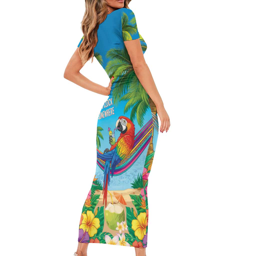 5 Oclock Somewhere Short Sleeve Bodycon Dress Hawaii Parrots Cocktail Summer Beach Vibe LT9 - Polynesian Pride