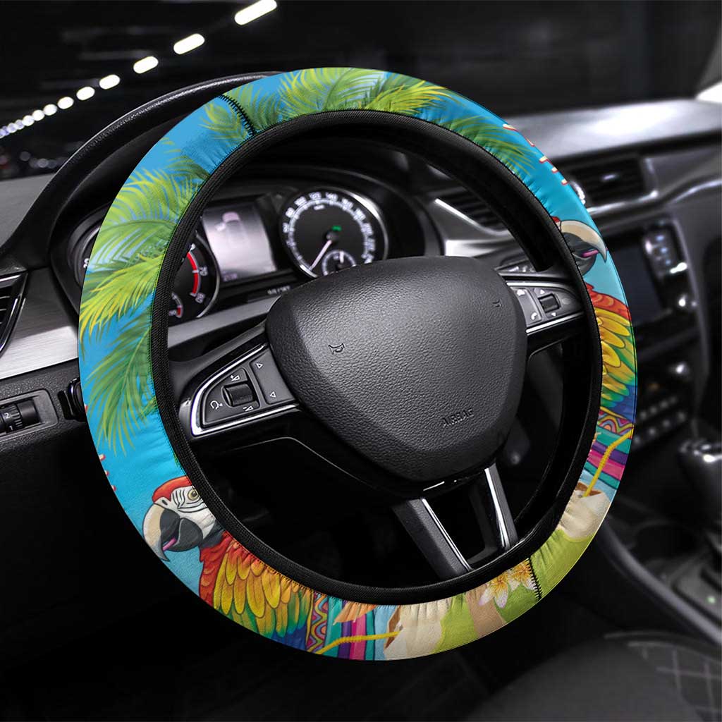 5 Oclock Somewhere Steering Wheel Cover Hawaii Parrots Cocktail Summer Beach Vibe LT9 Universal Fit Blue - Polynesian Pride