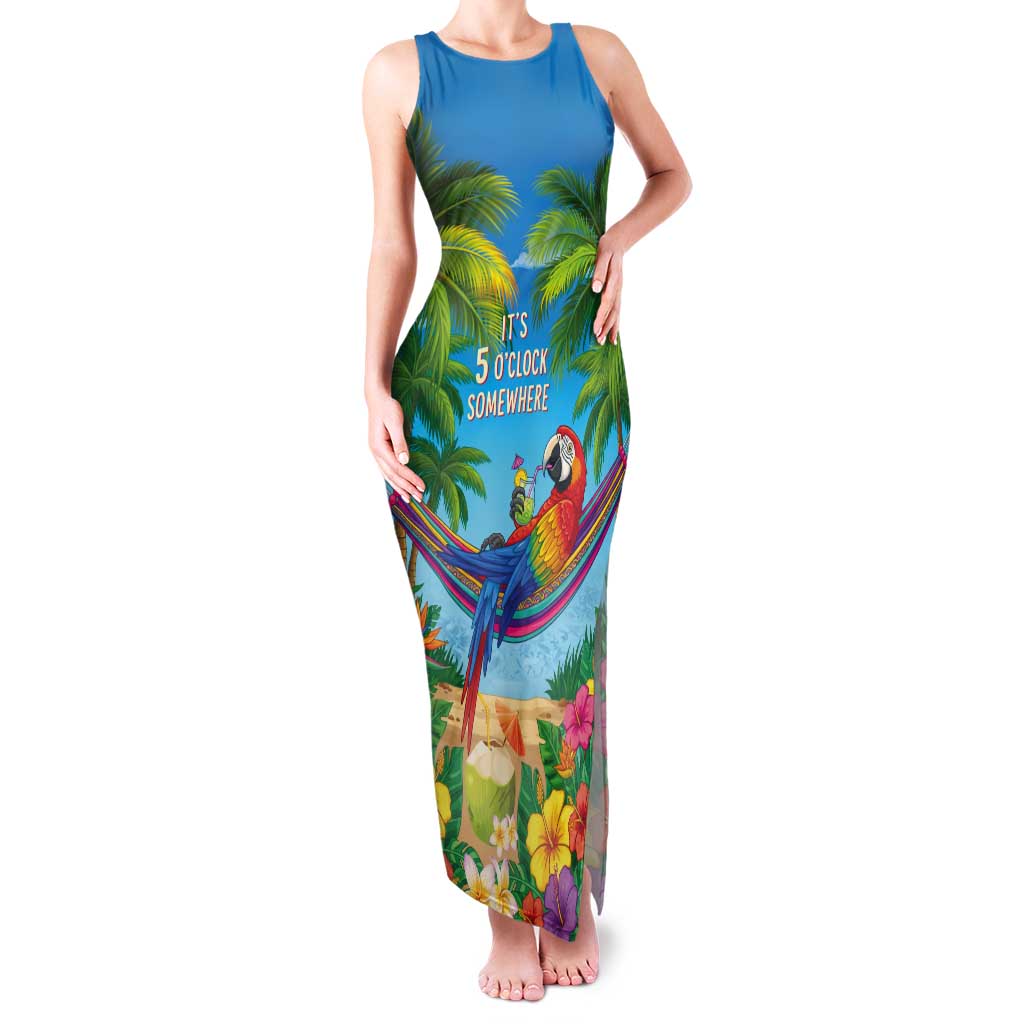 5 Oclock Somewhere Tank Maxi Dress Hawaii Parrots Cocktail Summer Beach Vibe LT9 Women Blue - Polynesian Pride