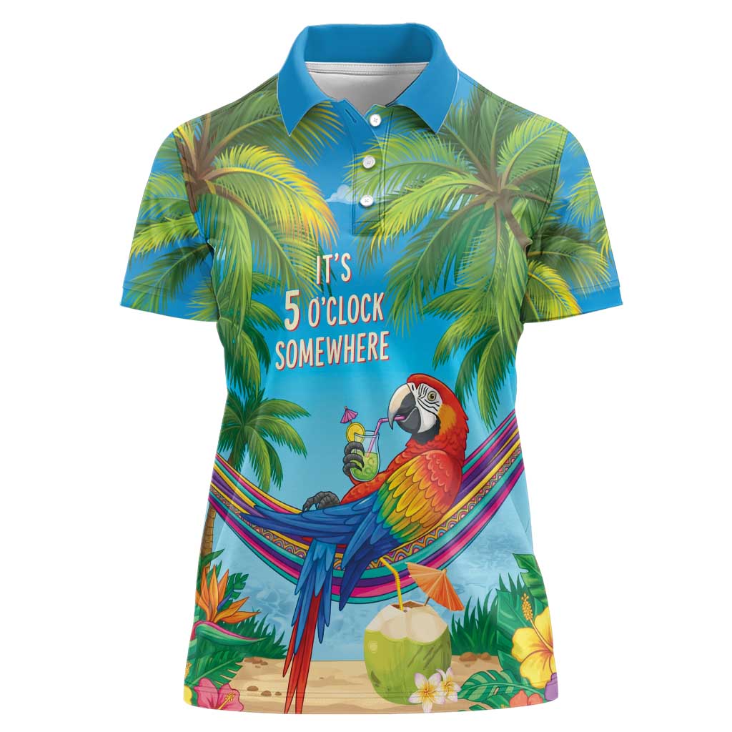 5 Oclock Somewhere Women Polo Shirt Hawaii Parrots Cocktail Summer Beach Vibe LT9 Female Blue - Polynesian Pride