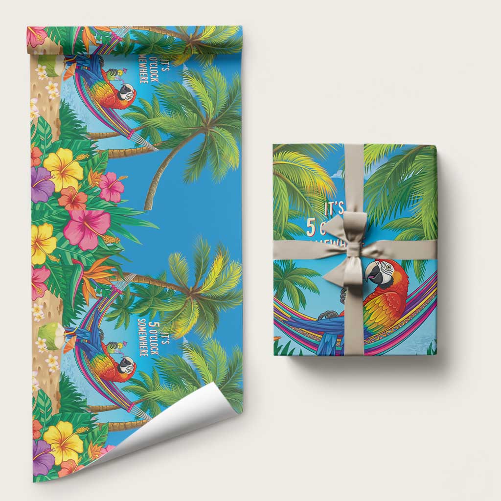 5 Oclock Somewhere Wrapping Paper Hawaii Parrots Cocktail Summer Beach Vibe LT9 58" × 23" Blue - Polynesian Pride