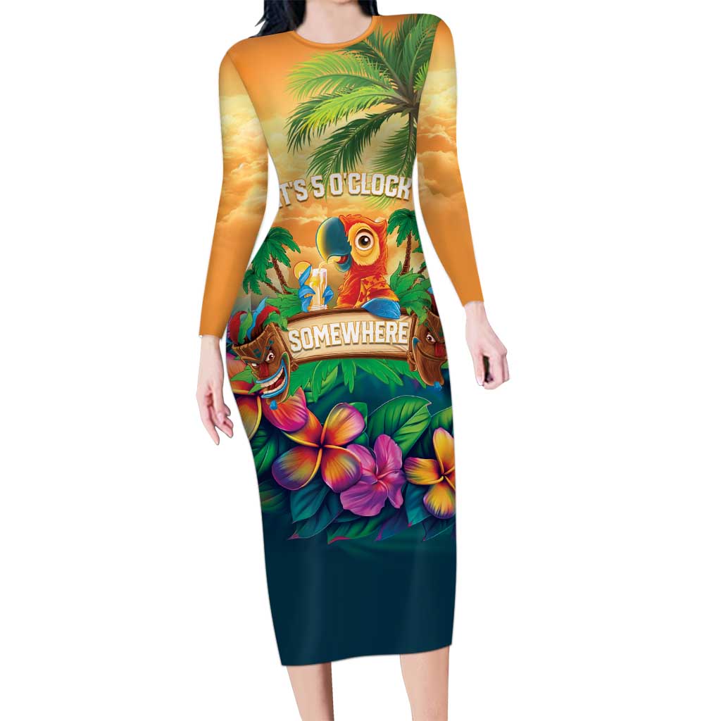 5 Oclock Somewhere Personalized Long Sleeve Bodycon Dress Hawaii Parrots Plumeria Summer Vibe LT9 Long Dress Yellow - Polynesian Pride