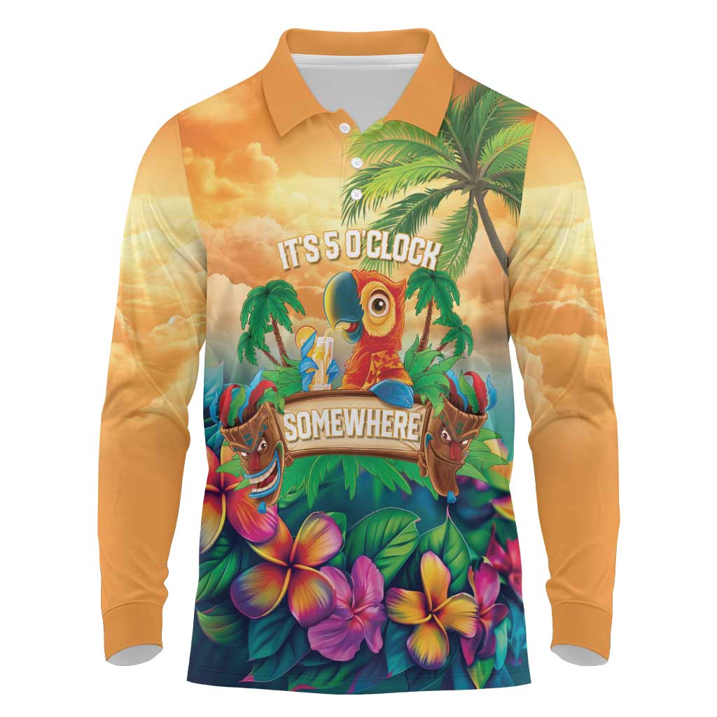 5 Oclock Somewhere Personalized Long Sleeve Polo Shirt Hawaii Parrots Plumeria Summer Vibe LT9 Yellow - Polynesian Pride