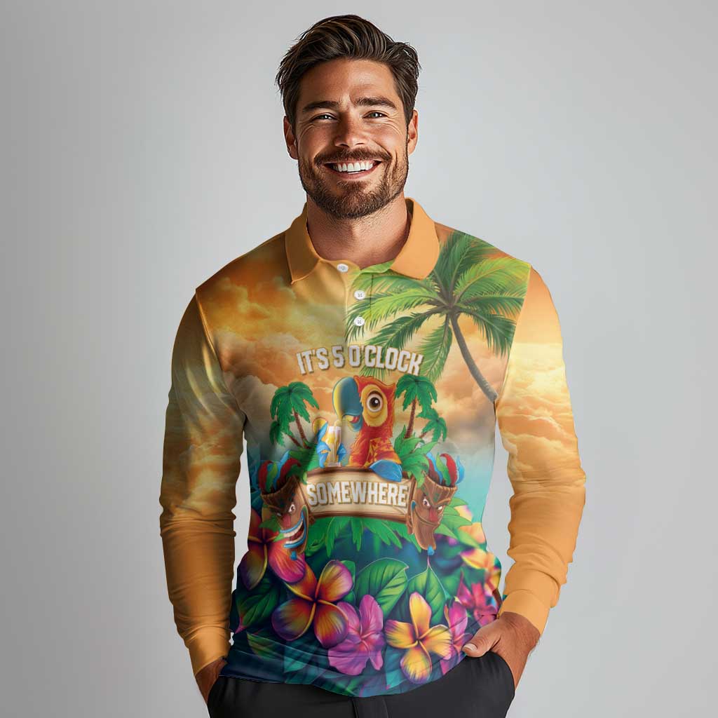 5 Oclock Somewhere Personalized Long Sleeve Polo Shirt Hawaii Parrots Plumeria Summer Vibe LT9 - Polynesian Pride