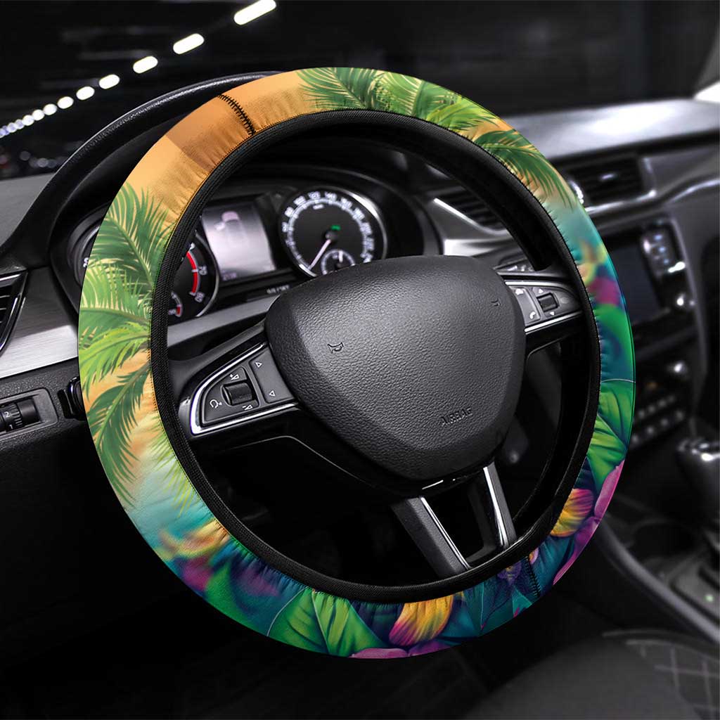 5 Oclock Somewhere Steering Wheel Cover Hawaii Parrots Plumeria Summer Vibe LT9 Universal Fit Yellow - Polynesian Pride