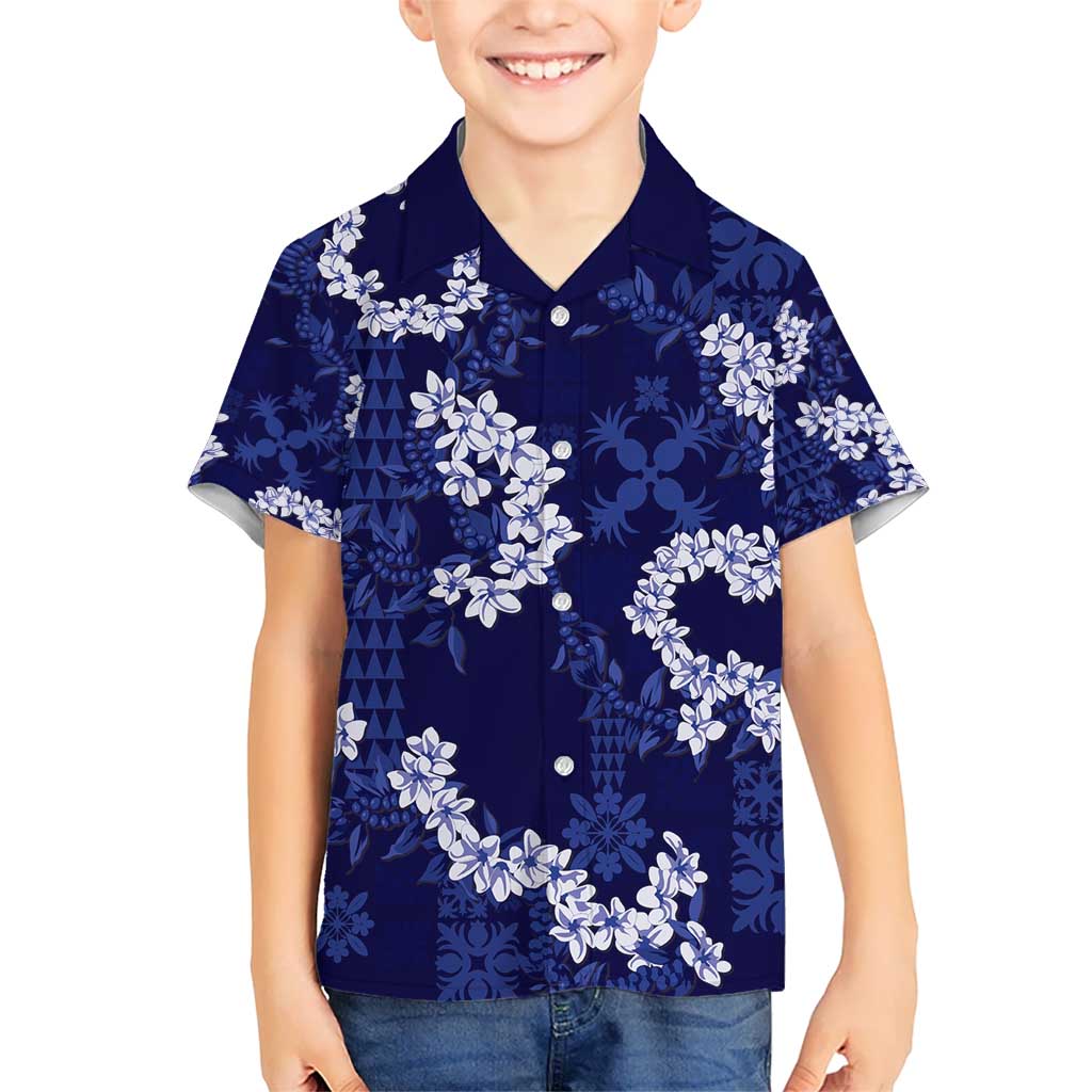 Mokihana Maile and Ilima Leis Kid Hawaiian Shirt Uliuli Hawaiian Tapa Quilt Pattern LT9 Kid Blue - Polynesian Pride