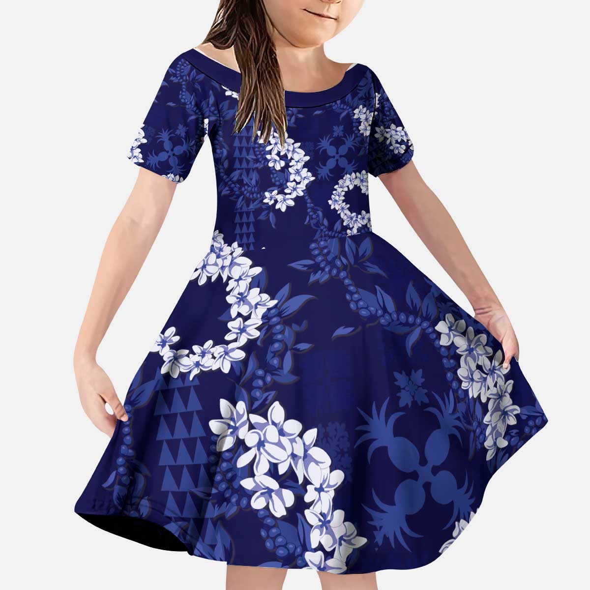 Mokihana Maile and Ilima Leis Kid Short Sleeve Dress Uliuli Hawaiian Tapa Quilt Pattern LT9 KID Blue - Polynesian Pride