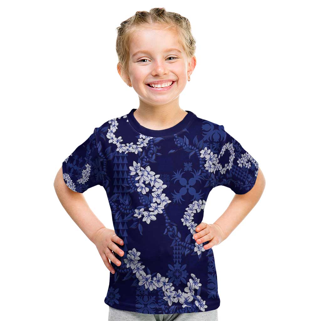 Mokihana Maile and Ilima Leis Kid T Shirt Uliuli Hawaiian Tapa Quilt Pattern LT9 Blue - Polynesian Pride
