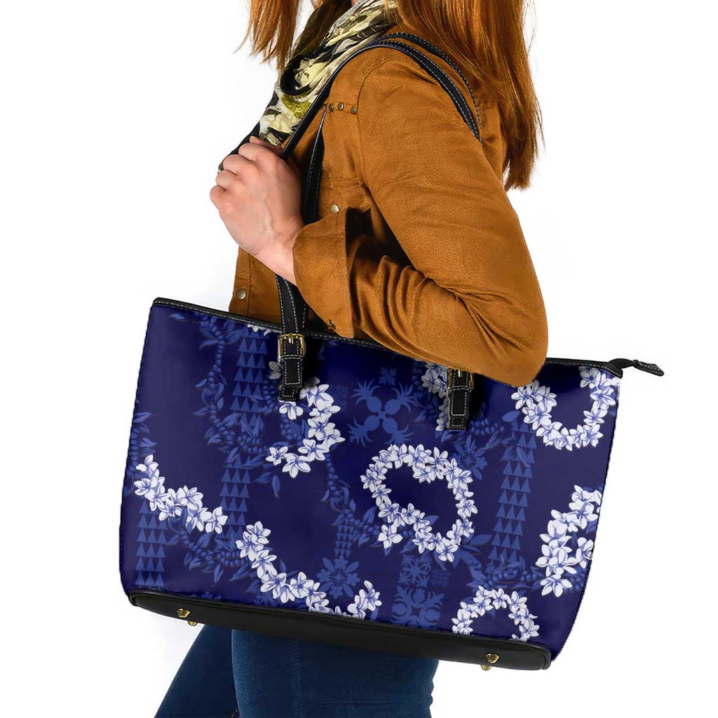 Mokihana Maile and Ilima Leis Leather Tote Bag Uliuli Hawaiian Tapa Quilt Pattern LT9 Blue - Polynesian Pride