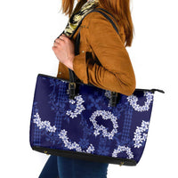 Mokihana Maile and Ilima Leis Leather Tote Bag Uliuli Hawaiian Tapa Quilt Pattern LT9 Blue - Polynesian Pride