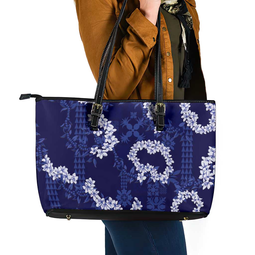 Mokihana Maile and Ilima Leis Leather Tote Bag Uliuli Hawaiian Tapa Quilt Pattern LT9 - Polynesian Pride