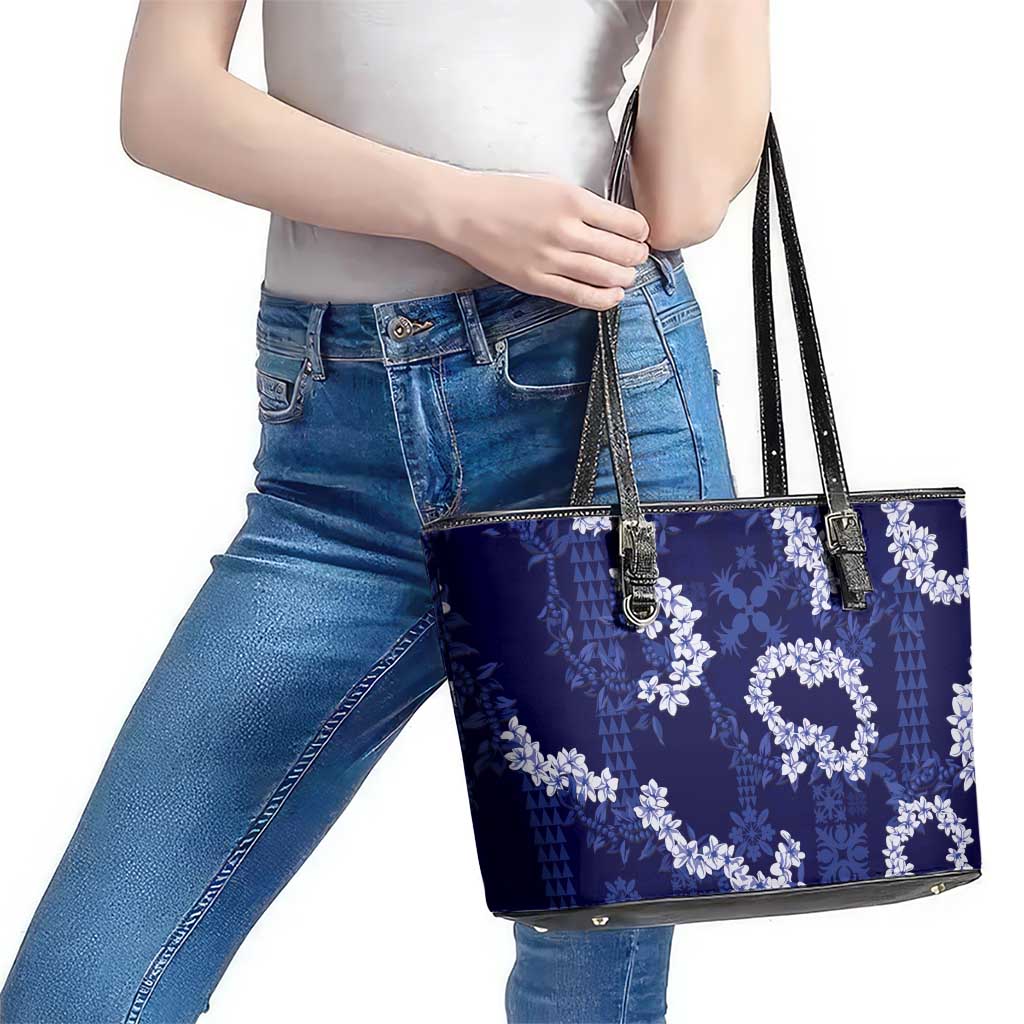 Mokihana Maile and Ilima Leis Leather Tote Bag Uliuli Hawaiian Tapa Quilt Pattern LT9 - Polynesian Pride