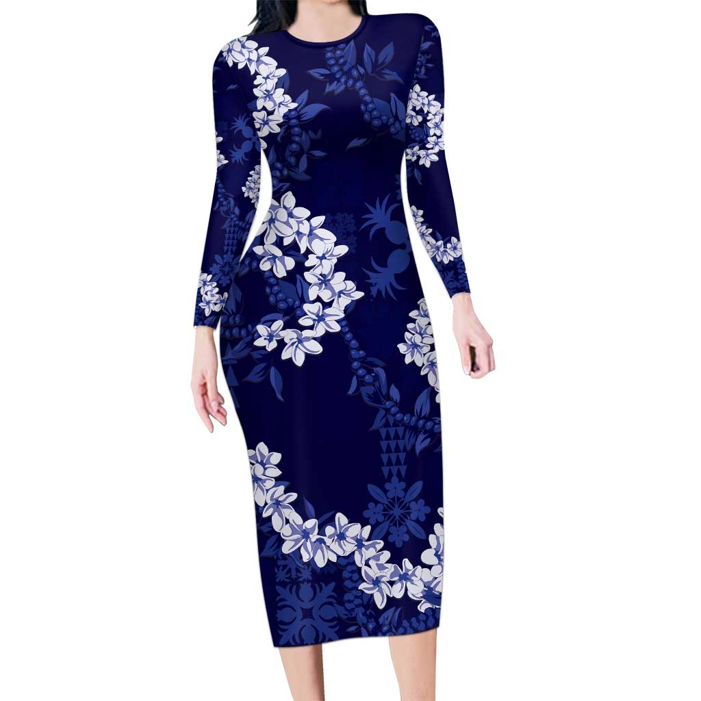 Mokihana Maile and Ilima Leis Long Sleeve Bodycon Dress Uliuli Hawaiian Tapa Quilt Pattern LT9 Long Dress Blue - Polynesian Pride