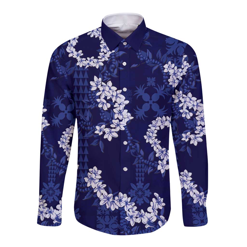 Mokihana Maile and Ilima Leis Long Sleeve Button Shirt Uliuli Hawaiian Tapa Quilt Pattern LT9 Unisex Blue - Polynesian Pride