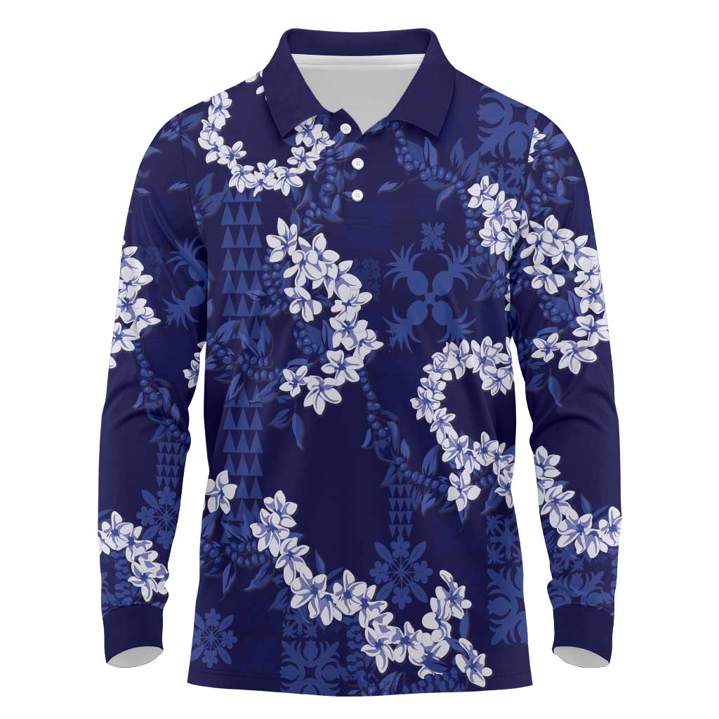 Mokihana Maile and Ilima Leis Long Sleeve Polo Shirt Uliuli Hawaiian Tapa Quilt Pattern LT9 Blue - Polynesian Pride