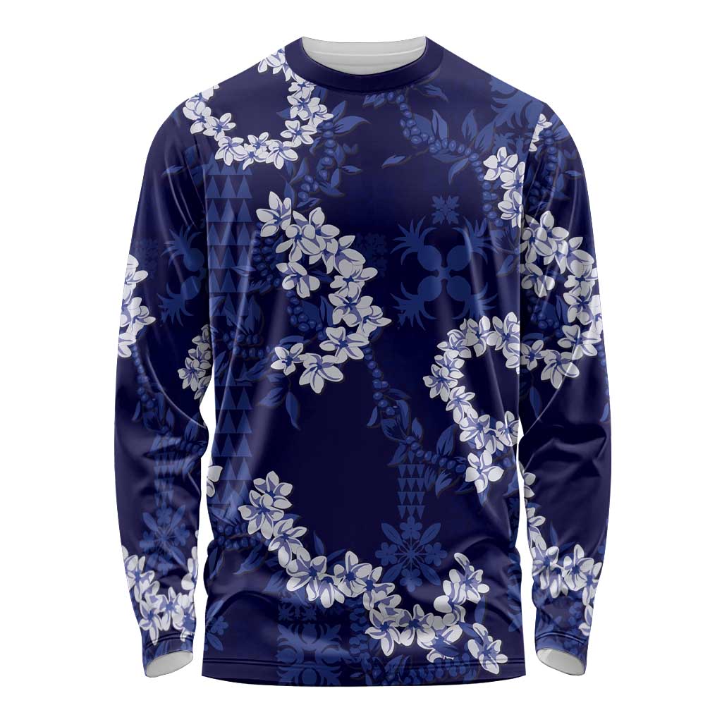 Mokihana Maile and Ilima Leis Long Sleeve Shirt Uliuli Hawaiian Tapa Quilt Pattern LT9 Unisex Blue - Polynesian Pride