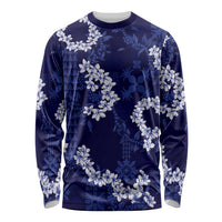 Mokihana Maile and Ilima Leis Long Sleeve Shirt Uliuli Hawaiian Tapa Quilt Pattern LT9 Unisex Blue - Polynesian Pride