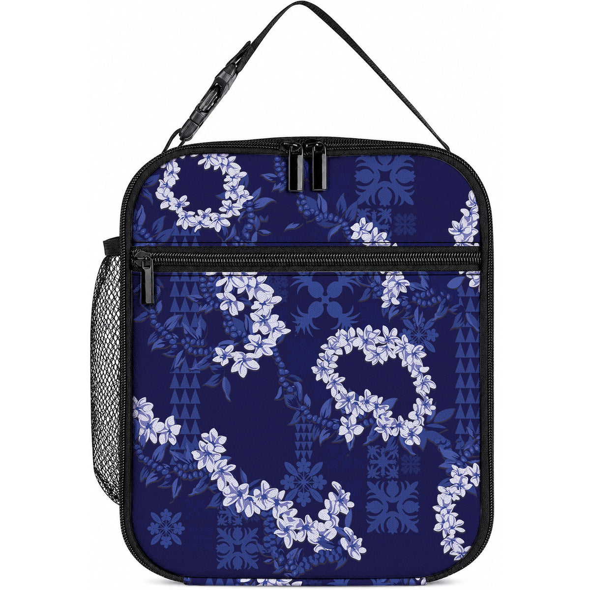 Mokihana Maile and Ilima Leis Lunch Bag Uliuli Hawaiian Tapa Quilt Pattern LT9 10.2 × 8.3 × 4.3 inch Blue - Polynesian Pride
