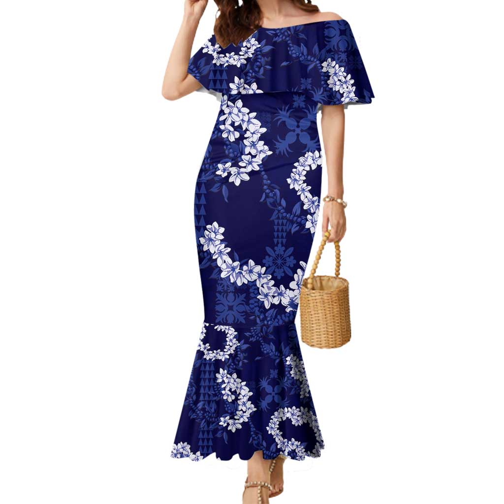 Mokihana Maile and Ilima Leis Mermaid Dress Uliuli Hawaiian Tapa Quilt Pattern LT9 Women Blue - Polynesian Pride