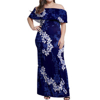 Mokihana Maile and Ilima Leis Off Shoulder Maxi Dress Uliuli Hawaiian Tapa Quilt Pattern LT9 Women Blue - Polynesian Pride