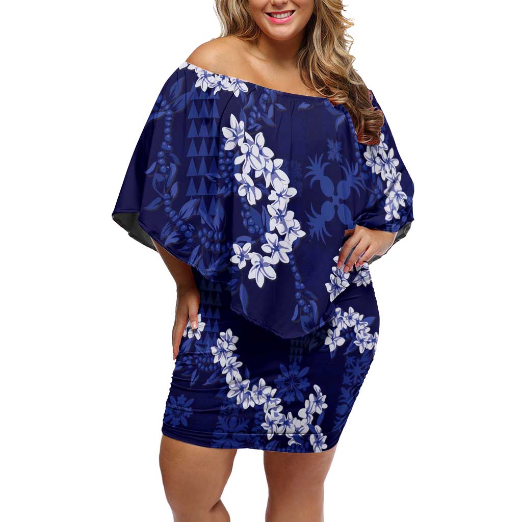 Mokihana Maile and Ilima Leis Off Shoulder Short Dress Uliuli Hawaiian Tapa Quilt Pattern LT9 Women Blue - Polynesian Pride